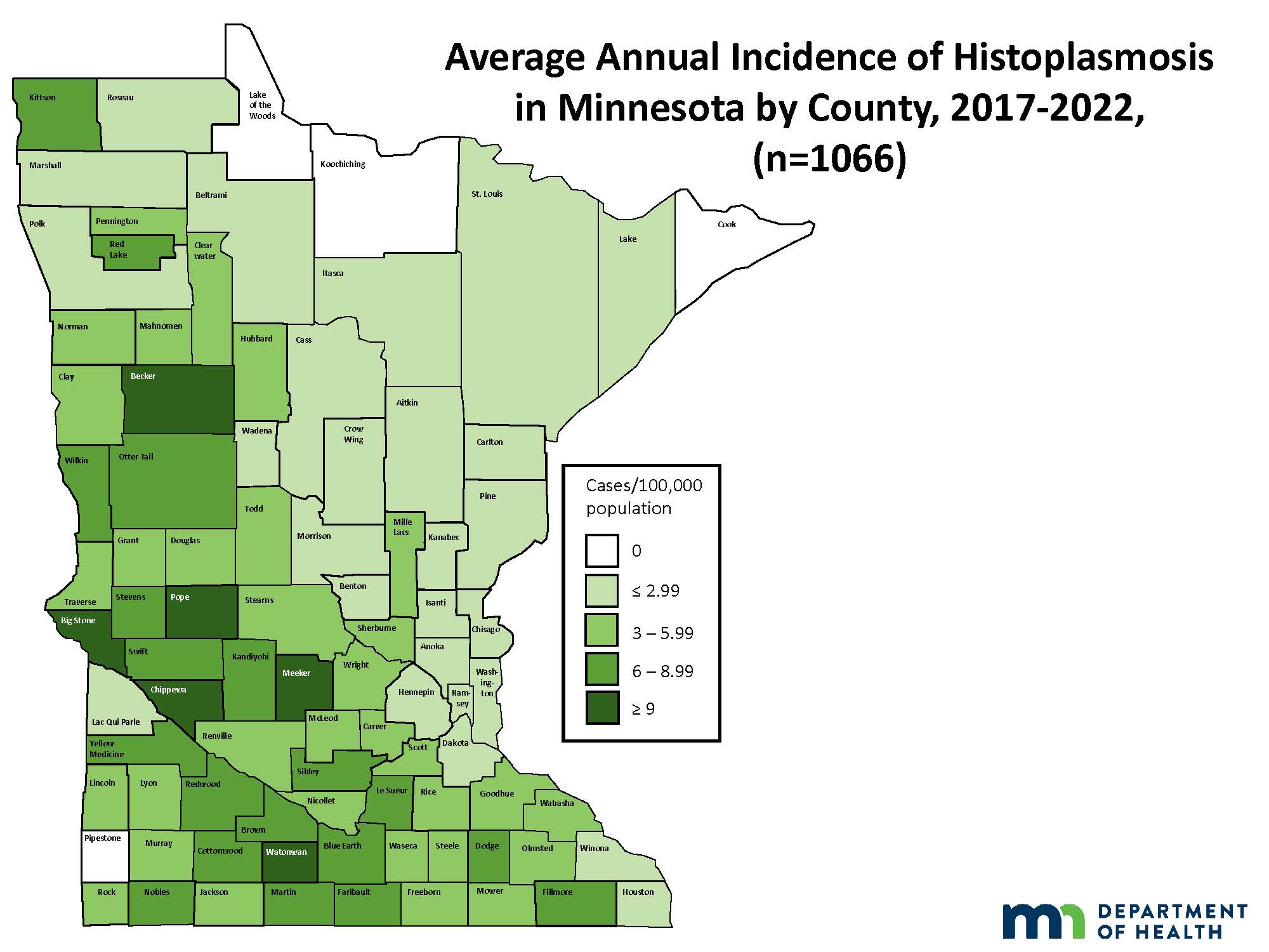 Thumbnail of map of Minnesota showing average annual incidence of Histoplasmosis, 2017-2018