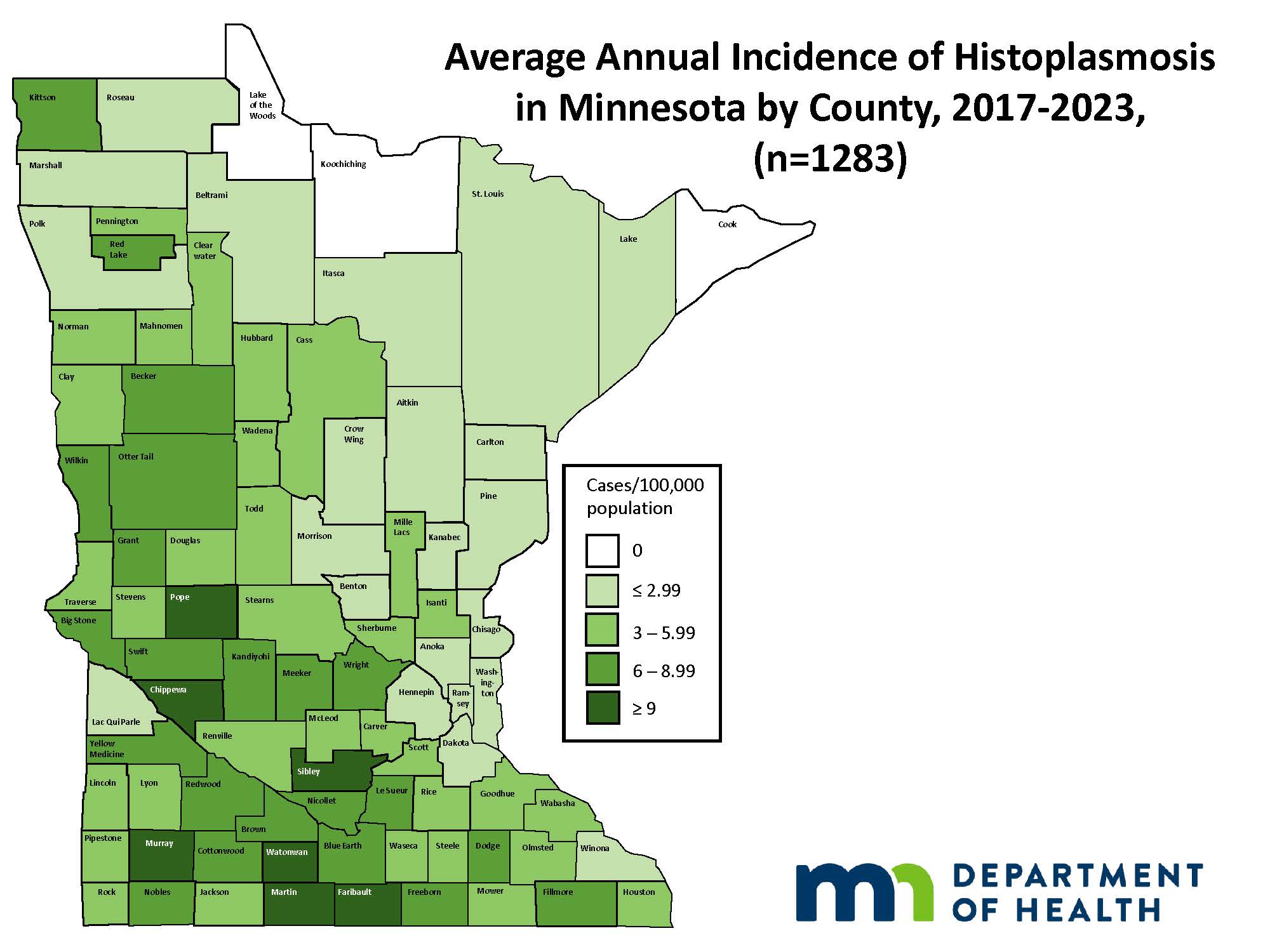 Thumbnail of map of Minnesota showing average annual incidence of Histoplasmosis, 2017-2022