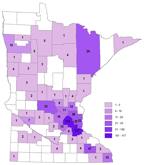 Probable and confirmed pertussis case counts by county.