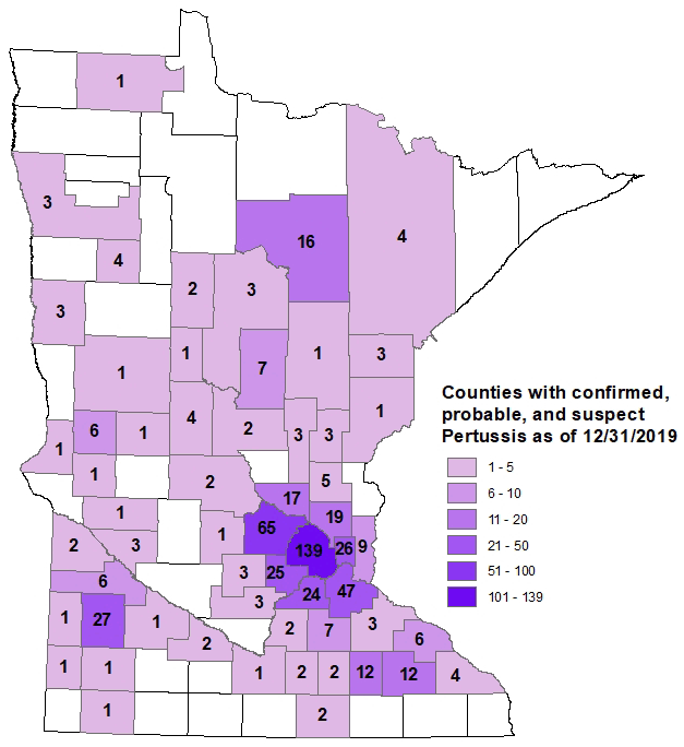 Probable and confirmed pertussis case counts by county.