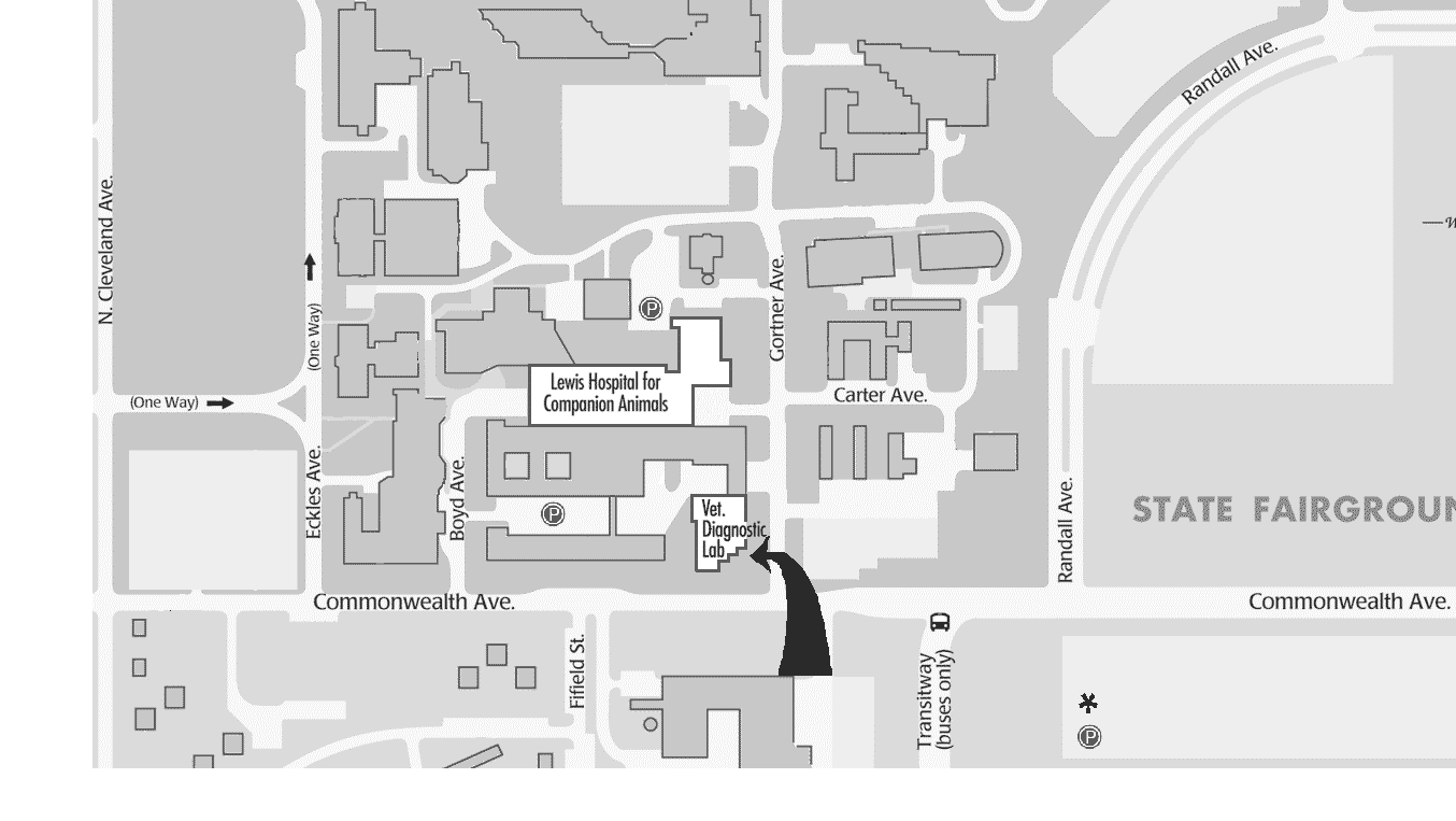 Map to the Minnesota Veterinary Diagnostic Laboratory and the University of Minnesota Veterinary Medical Center, St. Paul Campus of the University of Minnesota