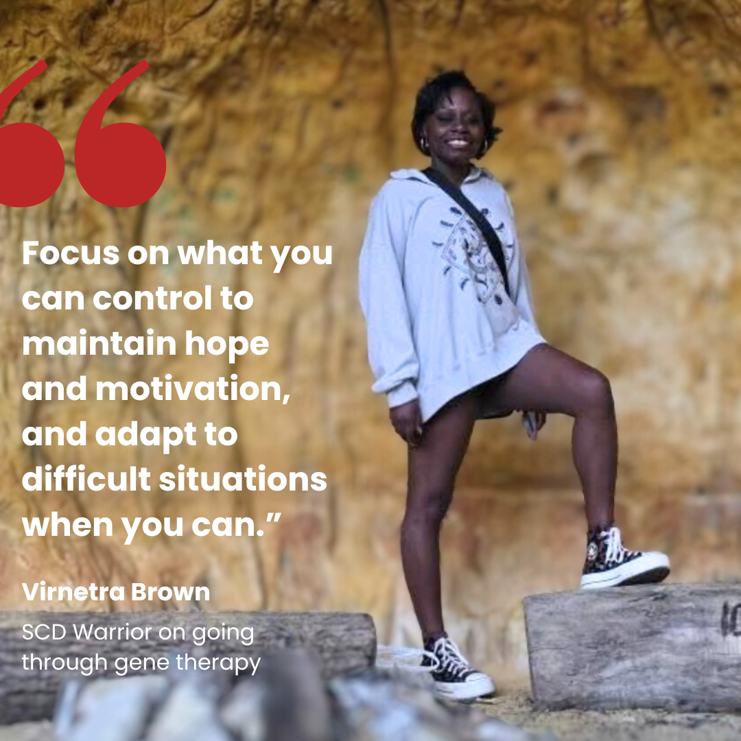 photo of Virnetra Brown with quote about gene therpy experience