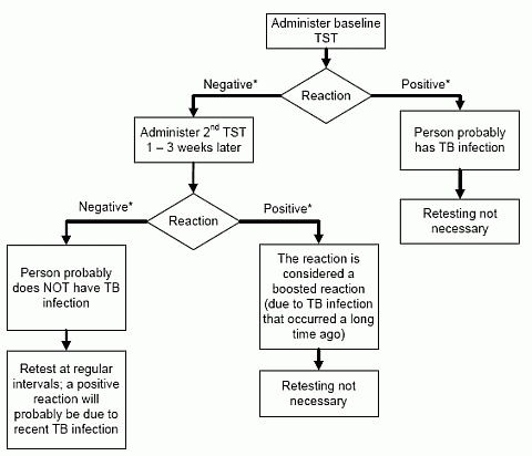 TST algorithm to determine the difference between boosted TST reactions and reactions due to recent infection with M. tuberculosis.