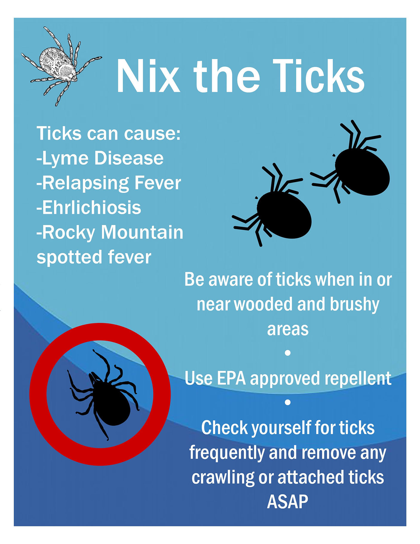 Nix the ticks
      Ticks can cause
      -Lyme Disease -Relapsing Fever -Ehrlichiosis -Rocky Mountain Spotted Fever
      Be aware of ticks when in or near wooded and brushy areas
      Use EPA approved repellent
      Check yourself for ticks frequently and remove any crawling or attached ticks ASAP