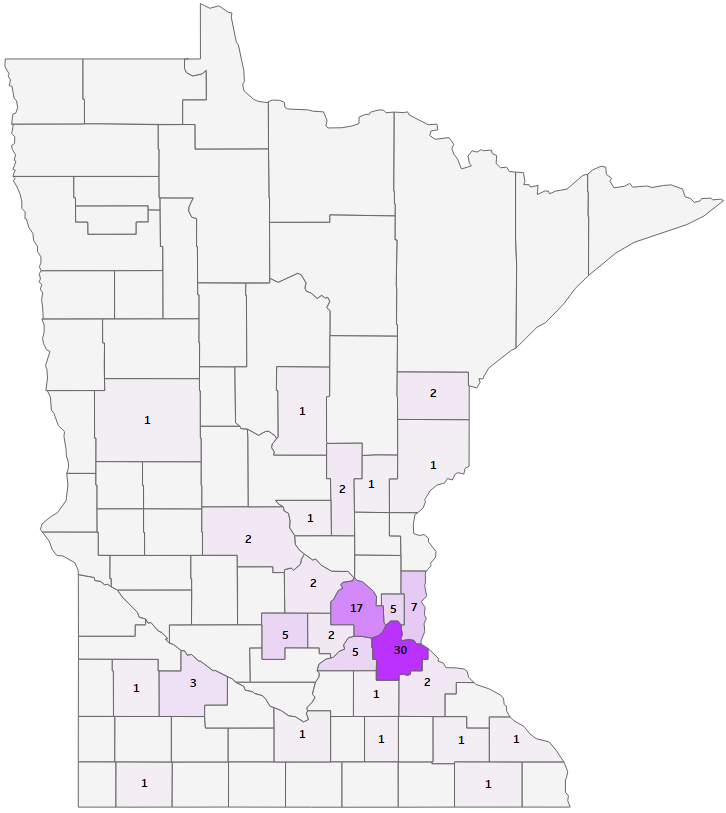 Probable and confirmed varicella case counts by county.