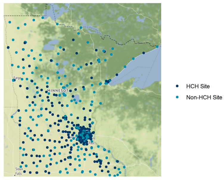 Map of Minnesota showing SEGIP primary care clinics that are HCH and non-HCH sites