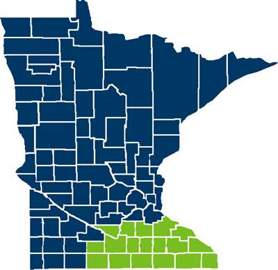 Map of Minnesota counties in SouthEast Network service area