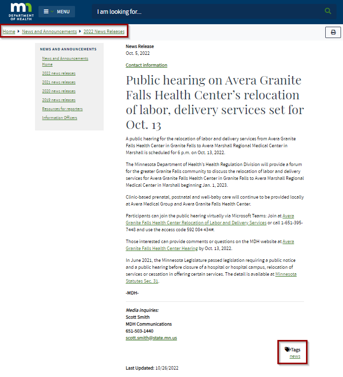 screenshot of a news release page with the breadcrumb and tags area highlighted