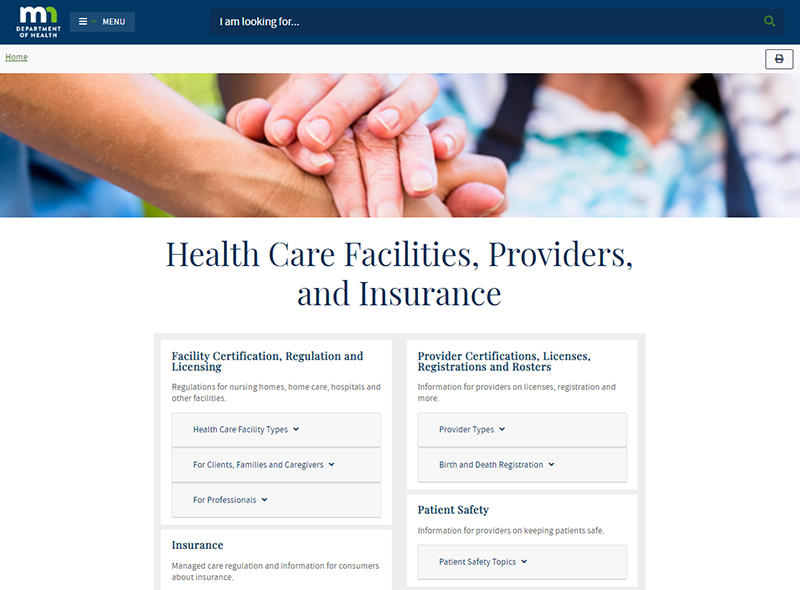 example of a category page showing main topics for health care facilities, providers and insurance
