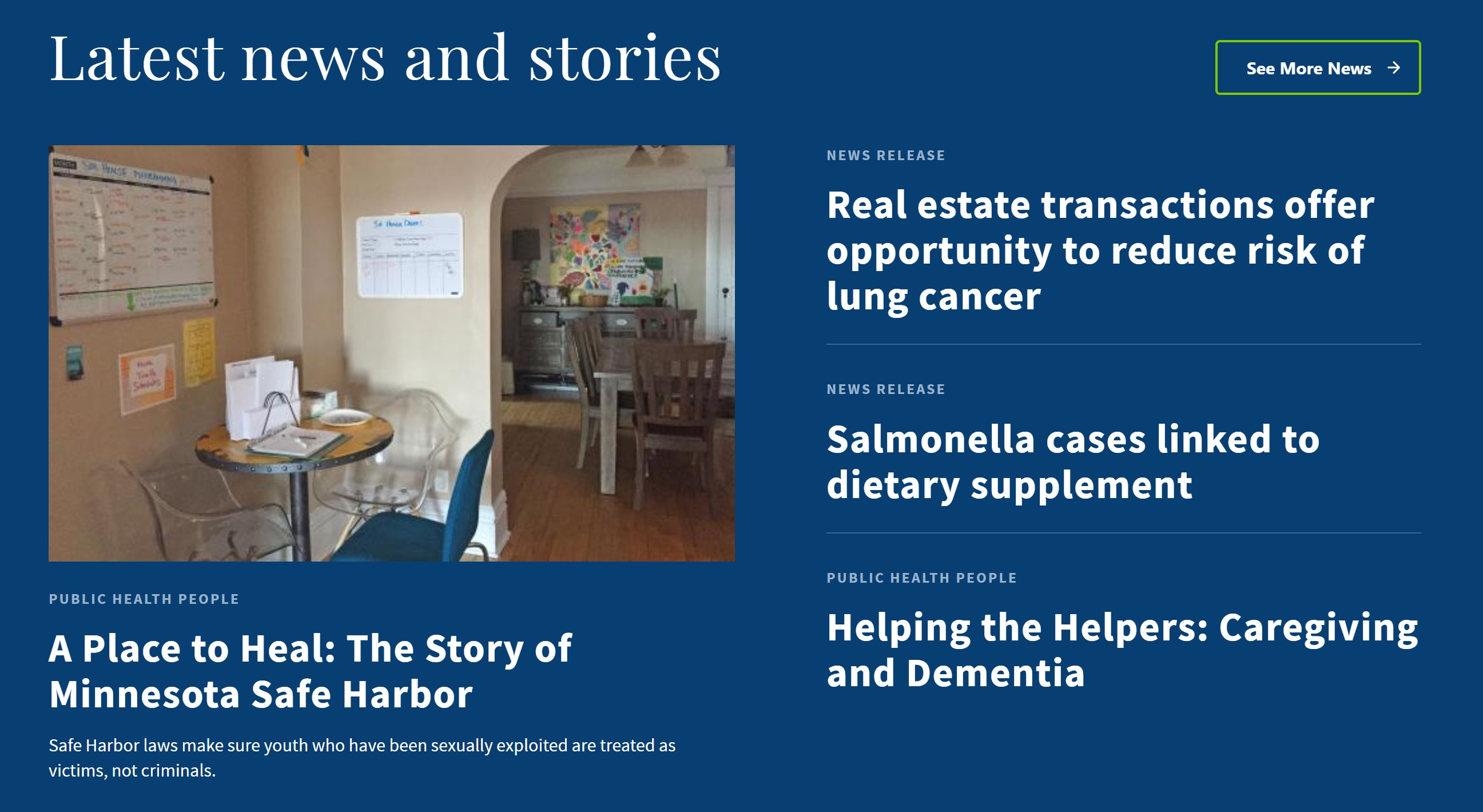 homepage screenshot of news section