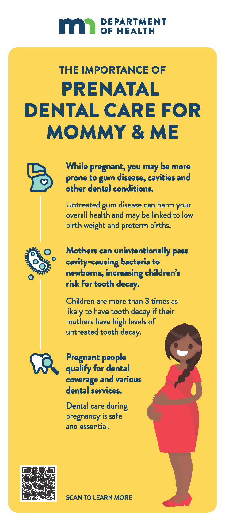 Info card for pregnant people about dental conditions, disease spread, and dental coverage