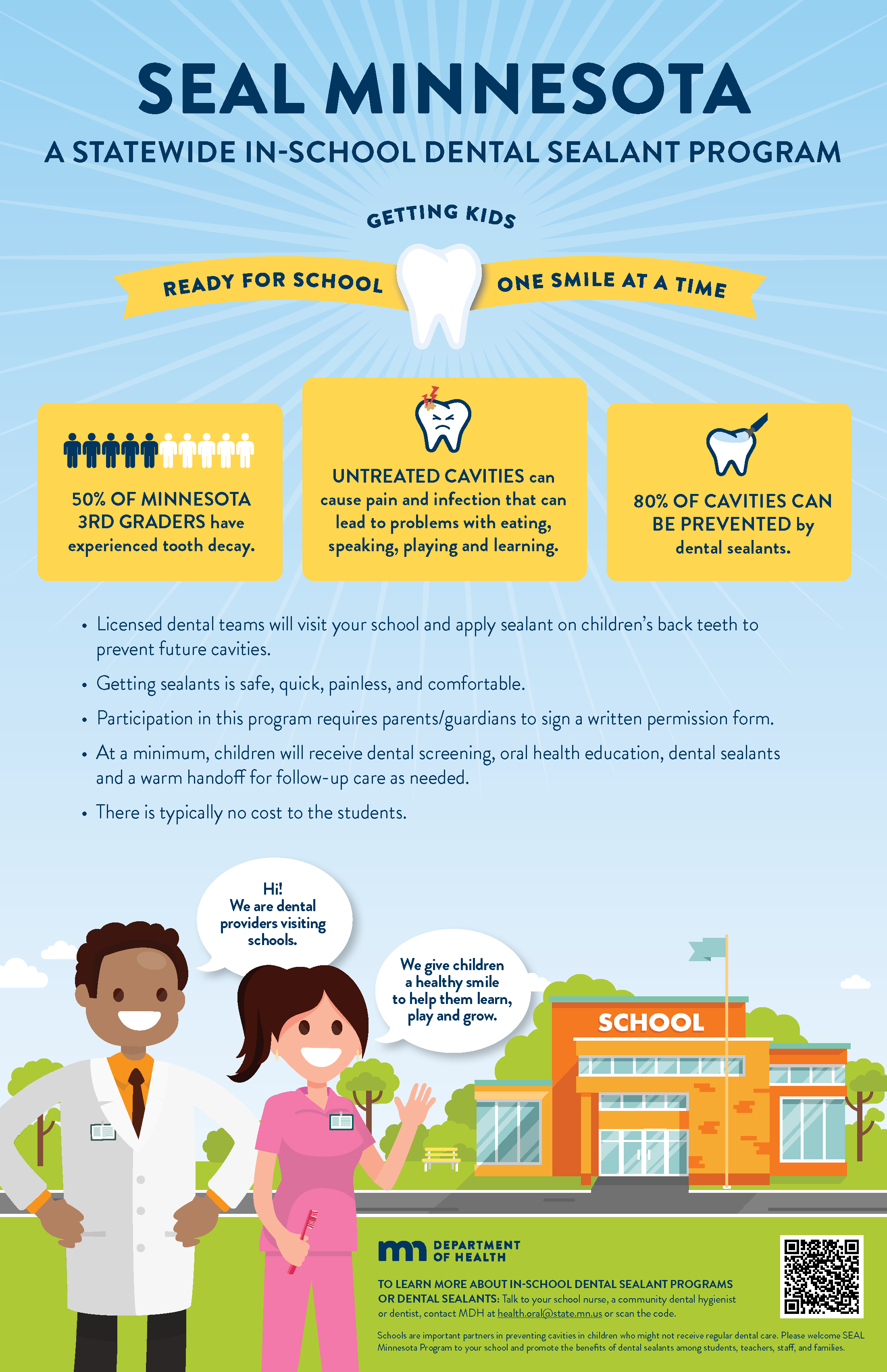 Poster for schools and parents about SEAL Minnesota Program and information on dental sealants and ways to prevent dental decay.