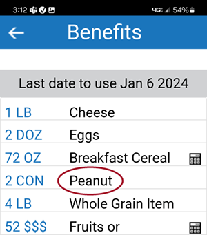 Benefits screen in app showing Peanut instead of Peanut Butter/Peas/Beans