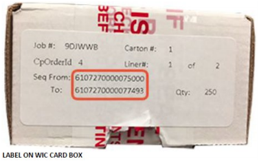 Label on WIC Card Box showing 75000-77493