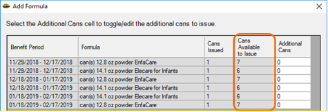 Add Formula screen with cans available to issue over max limit
