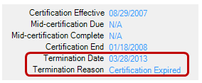 Certification Expired Term Reason on Participant Search Show Details