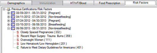 Risk Factors tab showing breastfeeding and non-breastfeeding portions of her cert