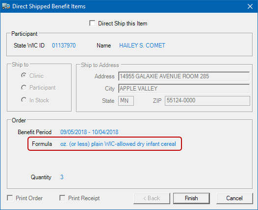 Direct Shipped Benefit Items screen with incorrect Formula description