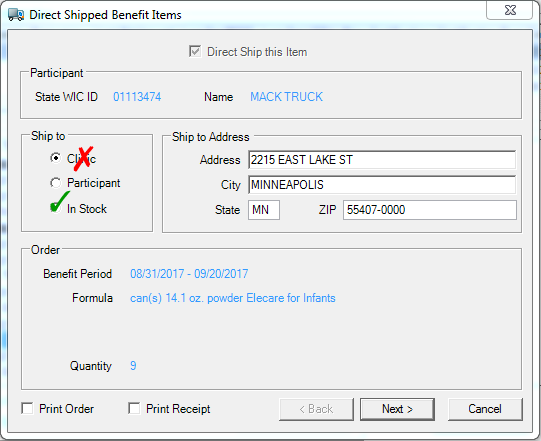 Direct Shipped Benefit Item screen with In Stock selected