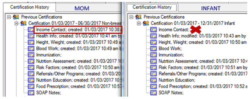 non-bf woman with staff person next to income contact record in Cert History while infant's does not have a staff person next to their income record