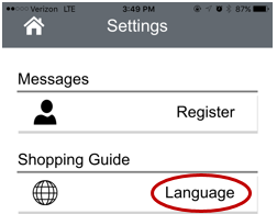 Settings with Language circled for Shopping Guide.