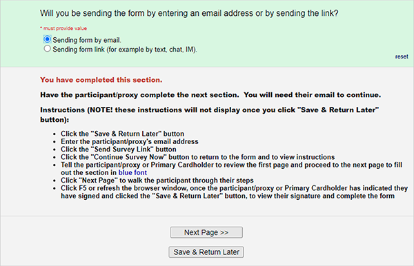 Instructions for sending form by email