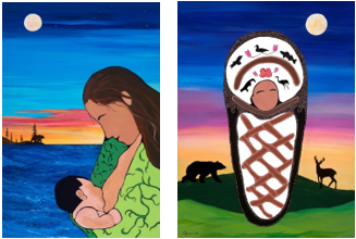 Paintings of breastfeeding infant and infant in cradleboard.