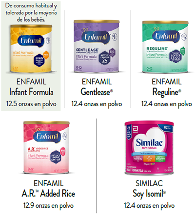 Enfamil Infant, Similac Soy, Enfamil Gentlease, Enfamil Reguline, Enfamil A.R. Added Rice