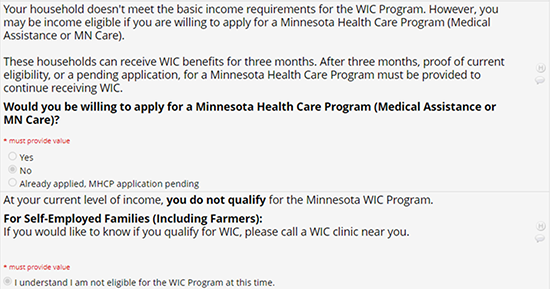 The income doesn't meet basic income requirements for WIC. However, you may be eligible for a MN Health Care Plan.