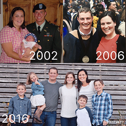 2002 Mom and Dad in military uniform holding baby, 2006 Mom and Dad at his graduation from grad school, 2016 Mom and Dad and their 5 children