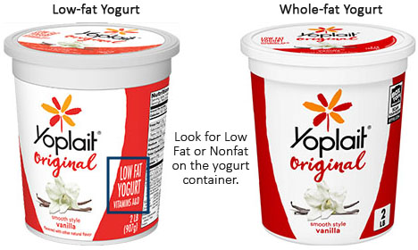 Two 32 ounce containers of Vanilla Yoplait yogurt; one with Low Fat on its label and the other without - Look for Low Fat or Nonfat on the yogurt container