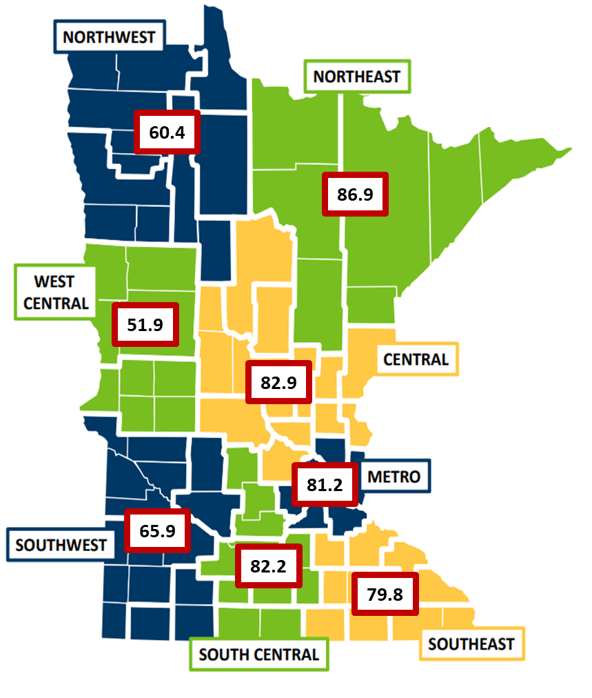 Map of Minnesota showing percent of mothers who started prenatal care during their first trimester, by areas of the state, for years 2019 to 2023.