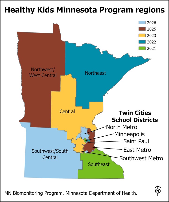 Map of Minnesota showing program regions for five years