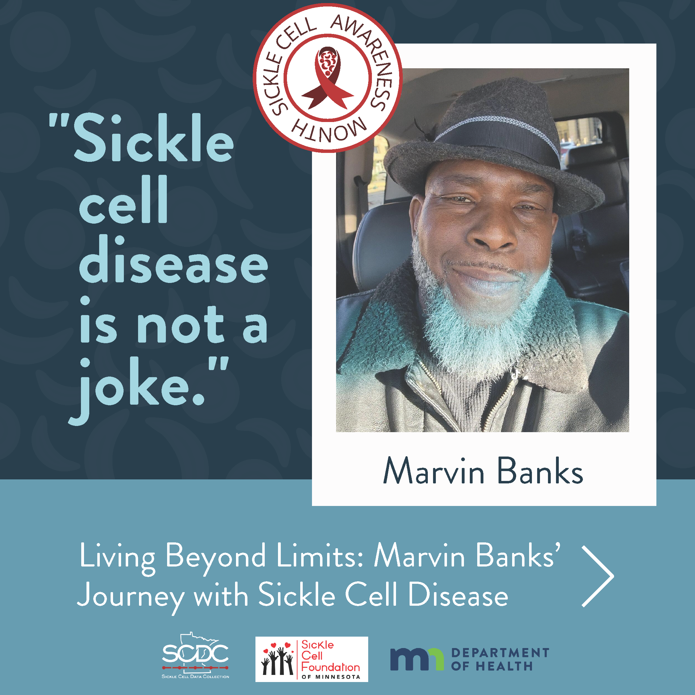 photo of Marvin Banks with a quote: sickle cell is not a joke