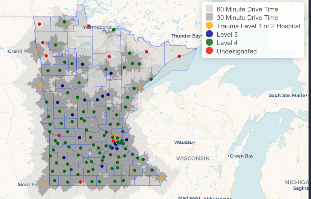 Map of drive times to trauma hospitals